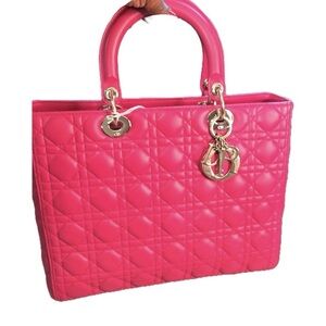 Dior Hot Pink Quilted Top-Handle Satchel with Gold Hardware